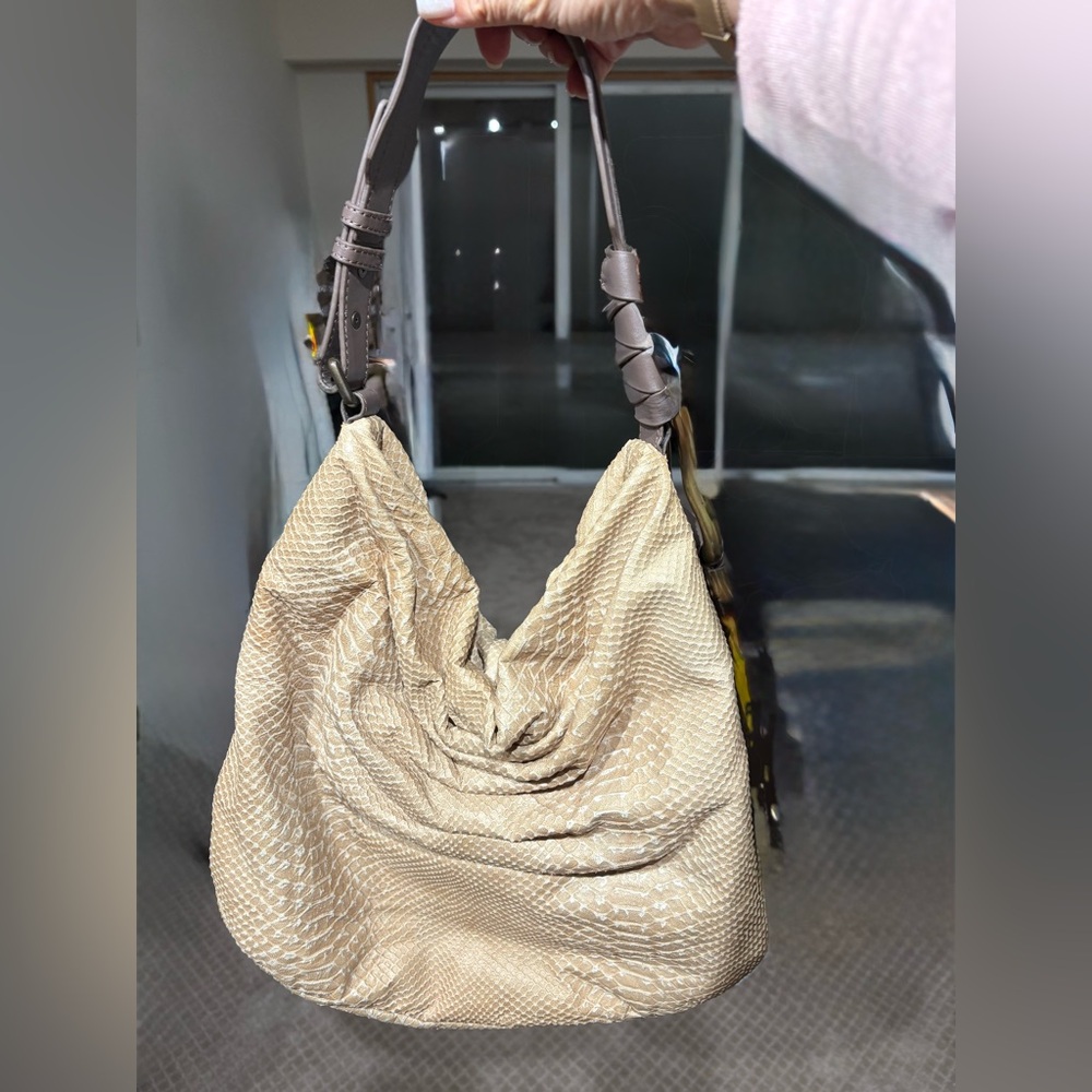 Halston Heritage Beige and Chocolate Leather Hobo Shoulder Bag